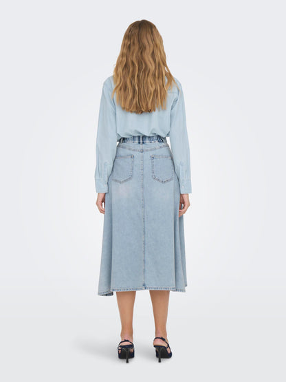Only - High Waisted Flared Blue Denim Midi Skirt