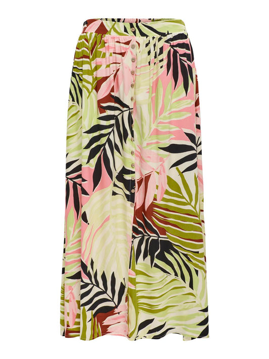 Only - Pink & Green Palm Leaf Midi Skirt