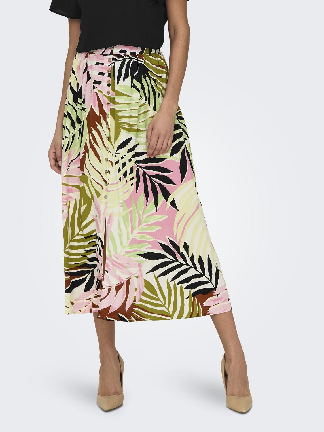 Only - Pink & Green Palm Leaf Midi Skirt