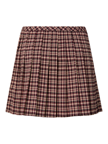 Pieces - Brown Check Pleated Skater Skirt