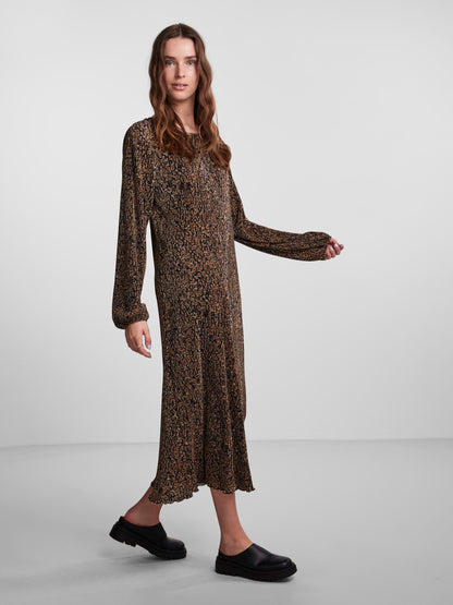 Pieces - Plisse Abstract Animal Print Long-Sleeve Midi Dress