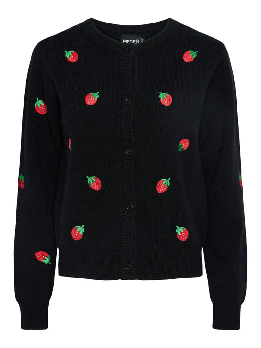 Pieces - Strawberry Embroidered Black Knit Cardigan