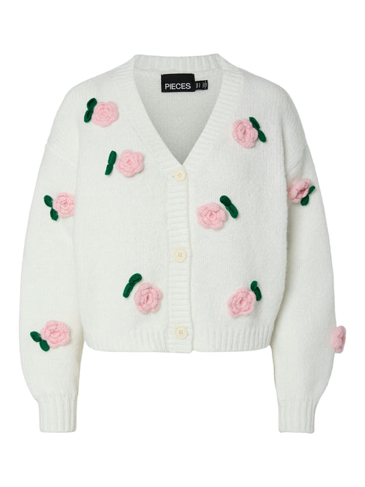 Pieces - White Chunky Knit Cardigan with Pink Roses