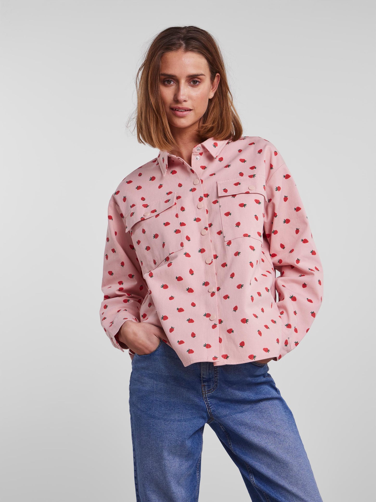 Pieces - Baby Pink Strawberry Printed Shirt