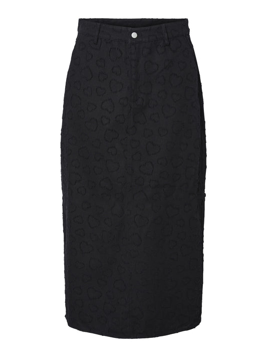 Pieces - Heart Embroidered Black Denim Skirt