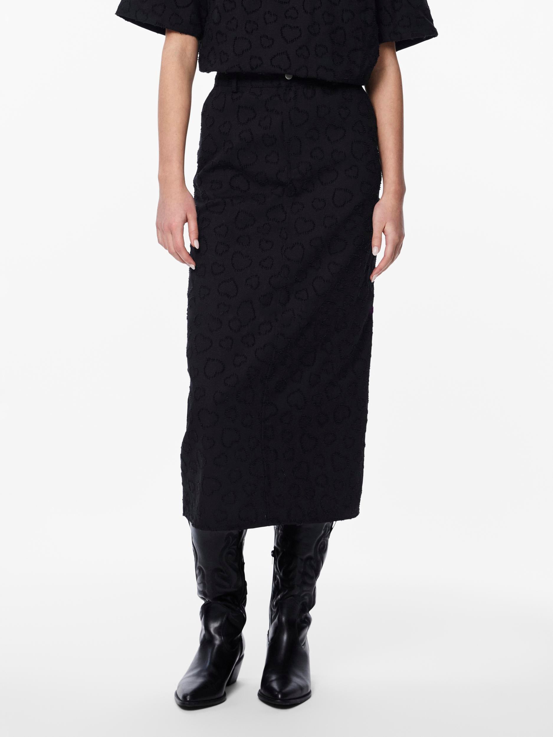 Pieces Heart Embroidered Black Denim Skirt