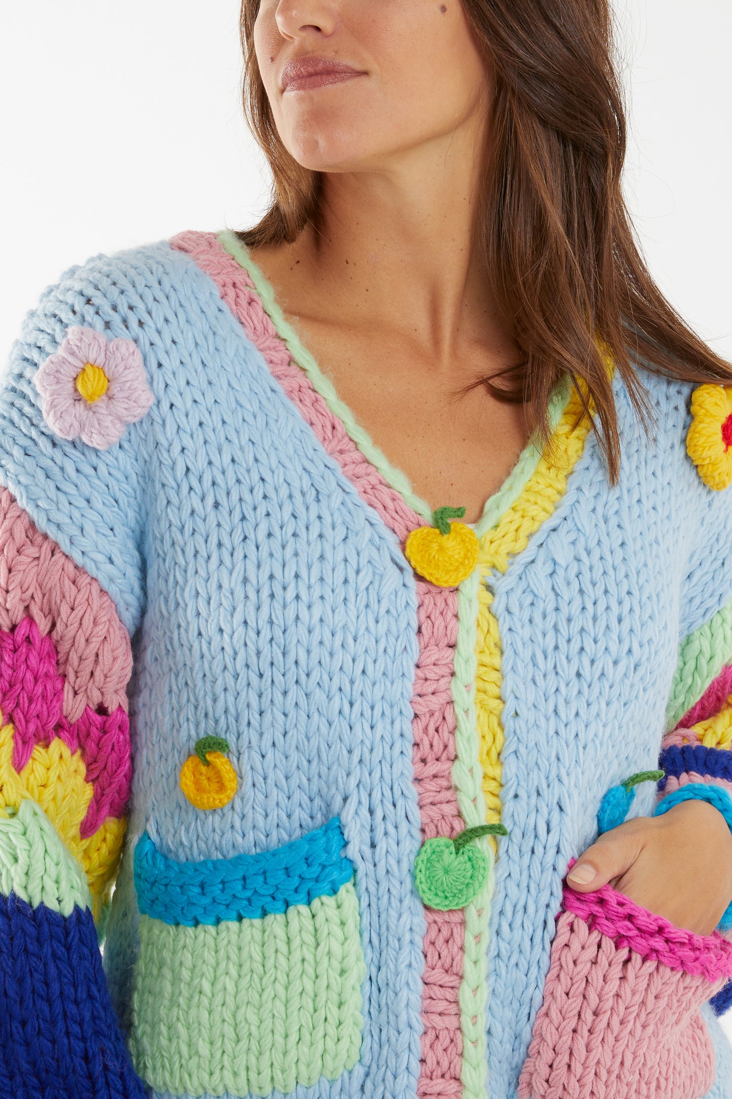 The Edit - Hand Knit Chunky Cardigan with Flower Applique
