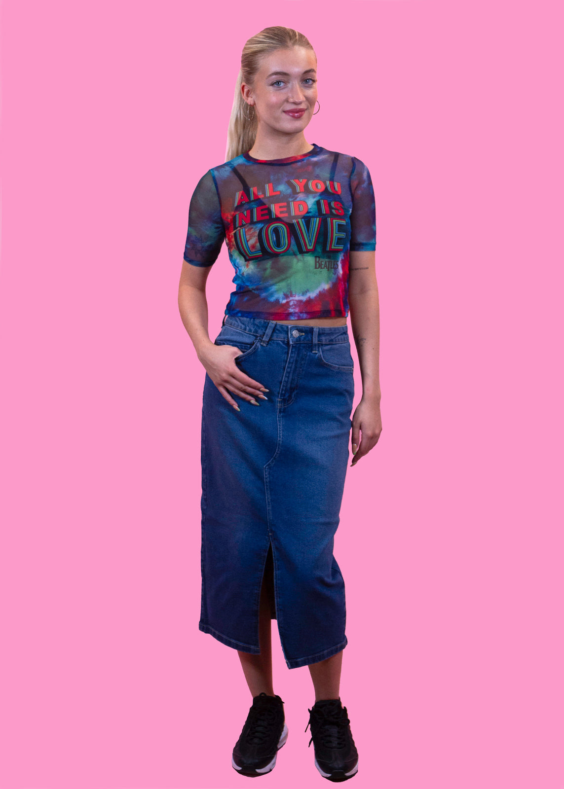 Noisy May - Blue Washed Denim Midi Skirt with Front Slit