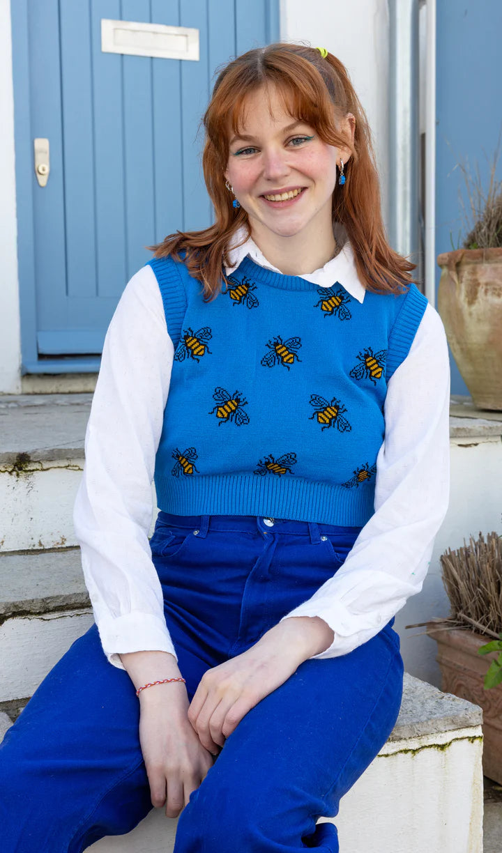 Run & Fly - Blue Cropped Bee Sweater Vest