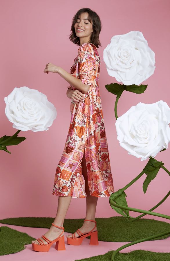 Neon Rose - Nature Tile Print V-Neck Dress