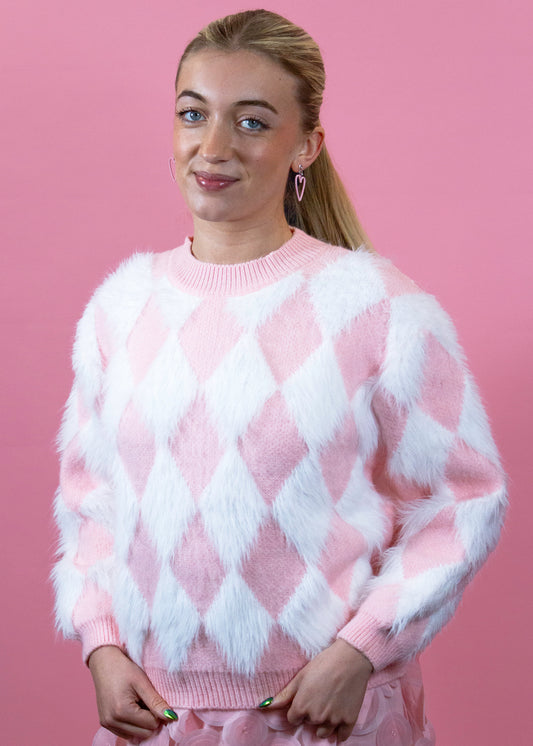 The Edit - Pink & White Fluffy Diamond Knit Jumper