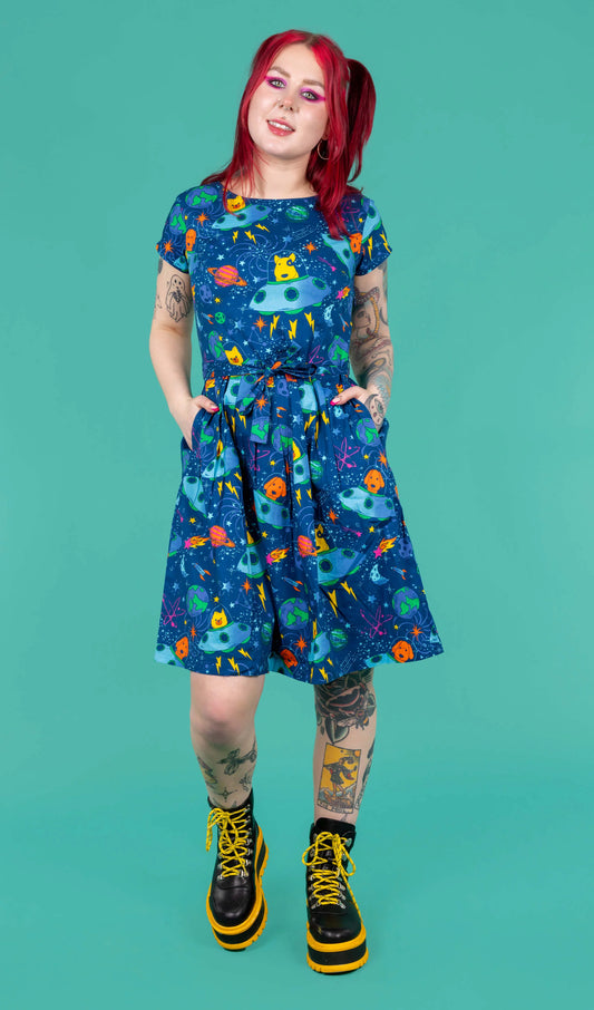 Run & Fly - Dogs in Space Stretch Belted Tea Dress with Pockets