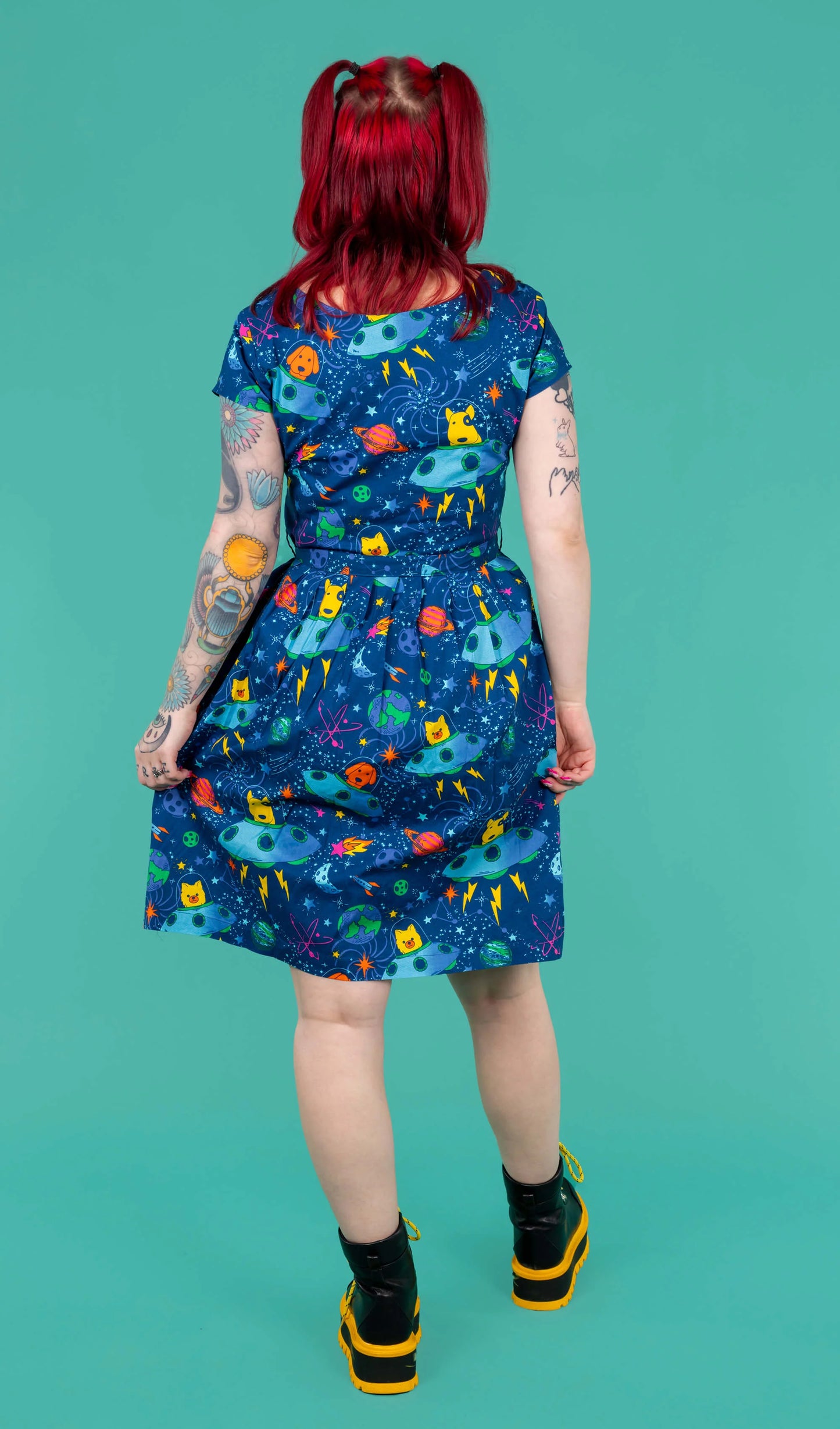 Run & Fly - Dogs in Space Stretch Belted Tea Dress with Pockets