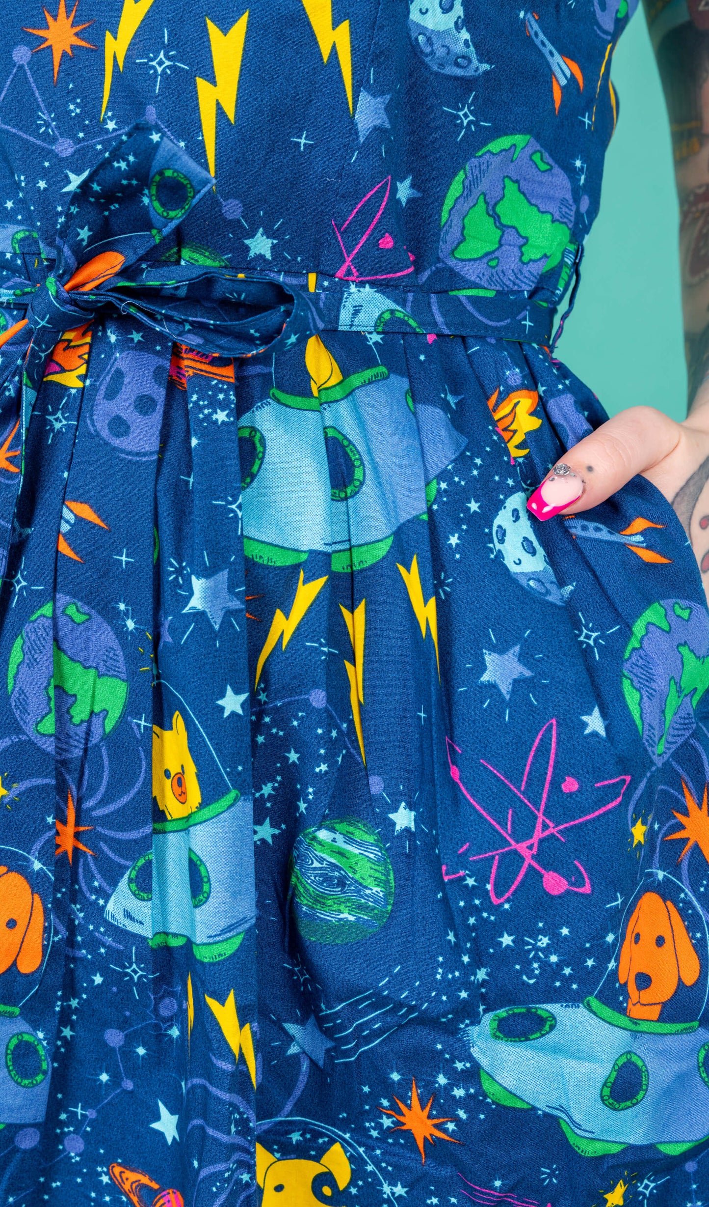 Run & Fly - Dogs in Space Stretch Belted Tea Dress with Pockets