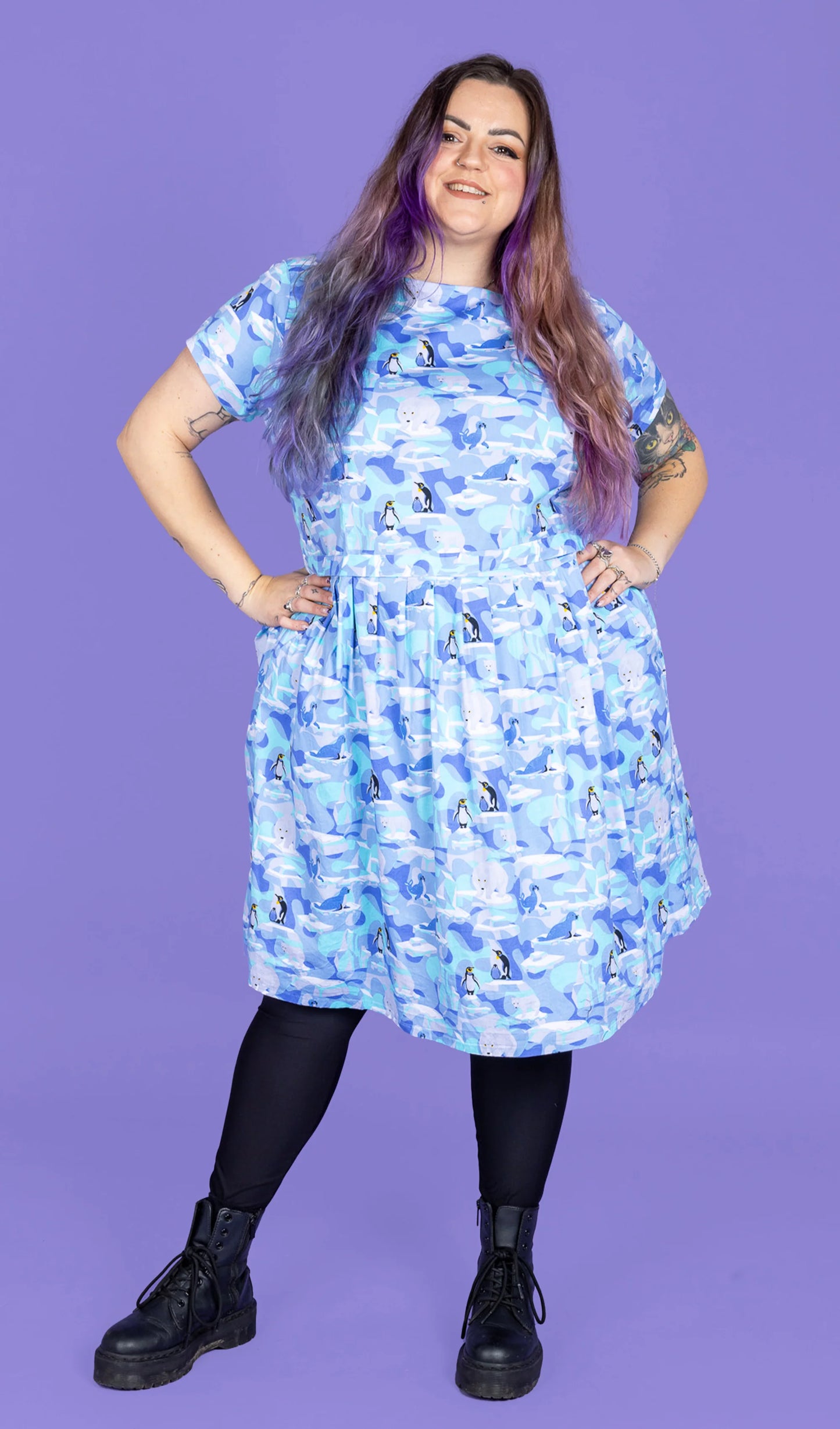 Run & Fly - Winter Friends Stretch Belted Tea Dress with Pockets