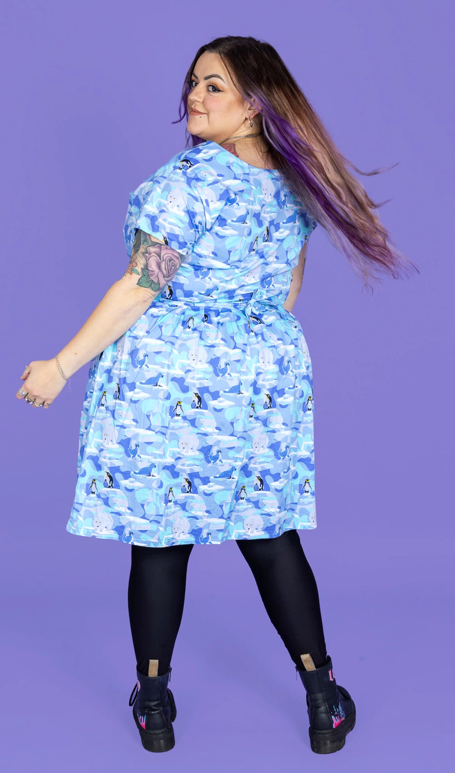 Run & Fly - Winter Friends Stretch Belted Tea Dress with Pockets