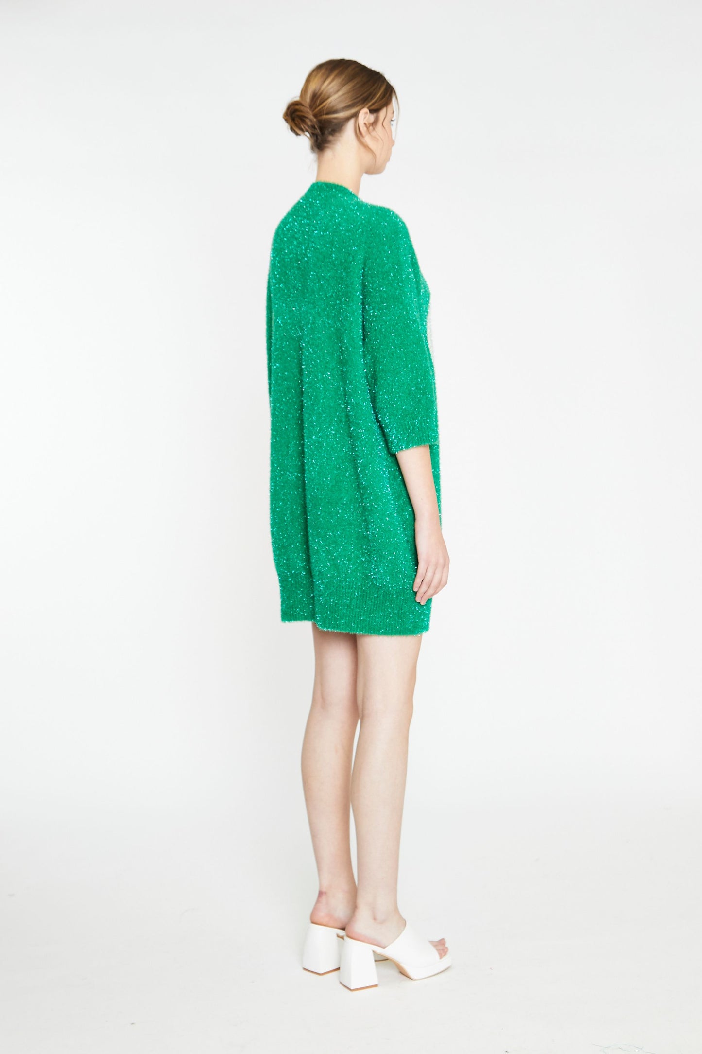 Glamorous - Green Glitter Knit Jumper Dress with large Cream Heart