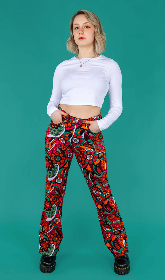 Run & Fly - Swirly Floral High Waisted Bell Bottom Flares