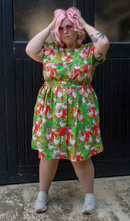 Run & Fly x The Mushroom Babes In The Geese Garden Stretch Belted Tea Dress with Pockets