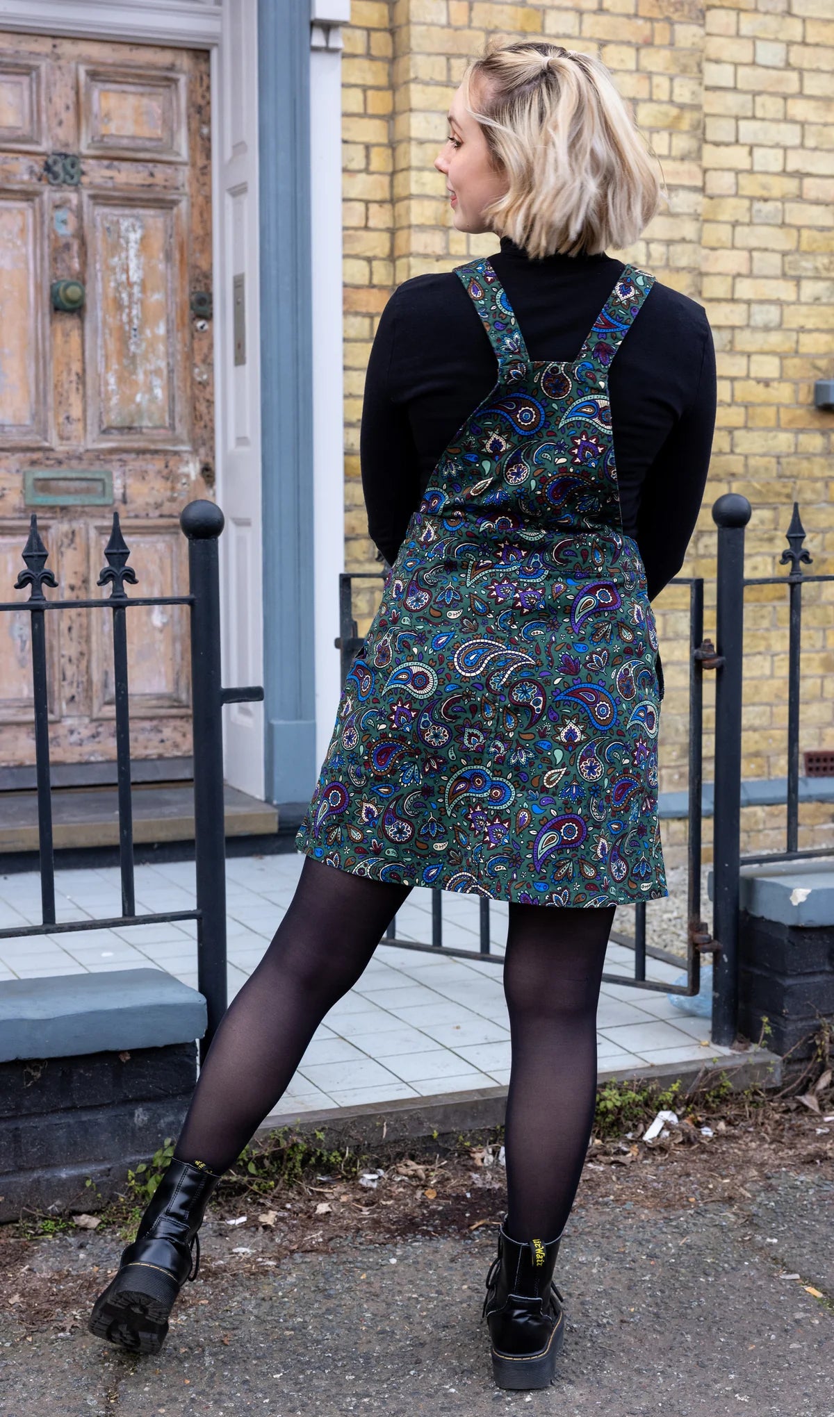 Run & Fly - Forest Green Paisley Stretch Twill Pinafore