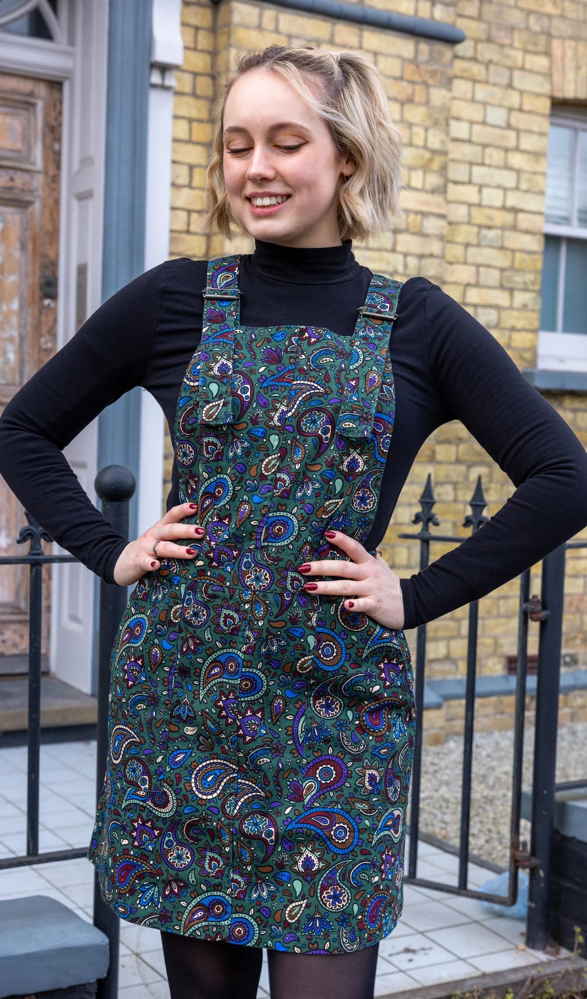 Run & Fly - Forest Green Paisley Stretch Twill Pinafore