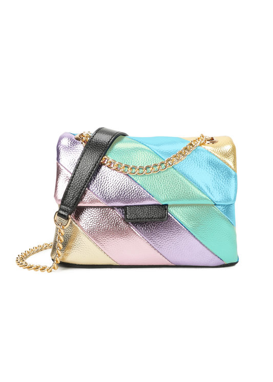 The Edit - Metallic Rainbow Stripe Mini Satchel Bag in Blue & Pink