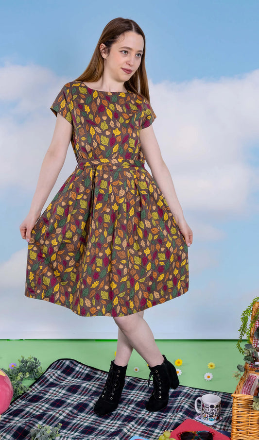 Run & Fly - Autumn Leaves Stretch Belted Tea Dress with Pockets
