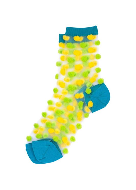 Joe Cool - Green and Yellow Pom Pom Sheer Socks