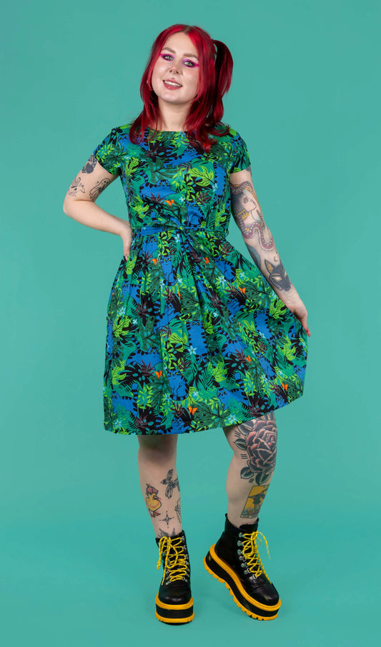 Run & Fly - Jungle Cats Stretch Belted Tea Dress with Pockets