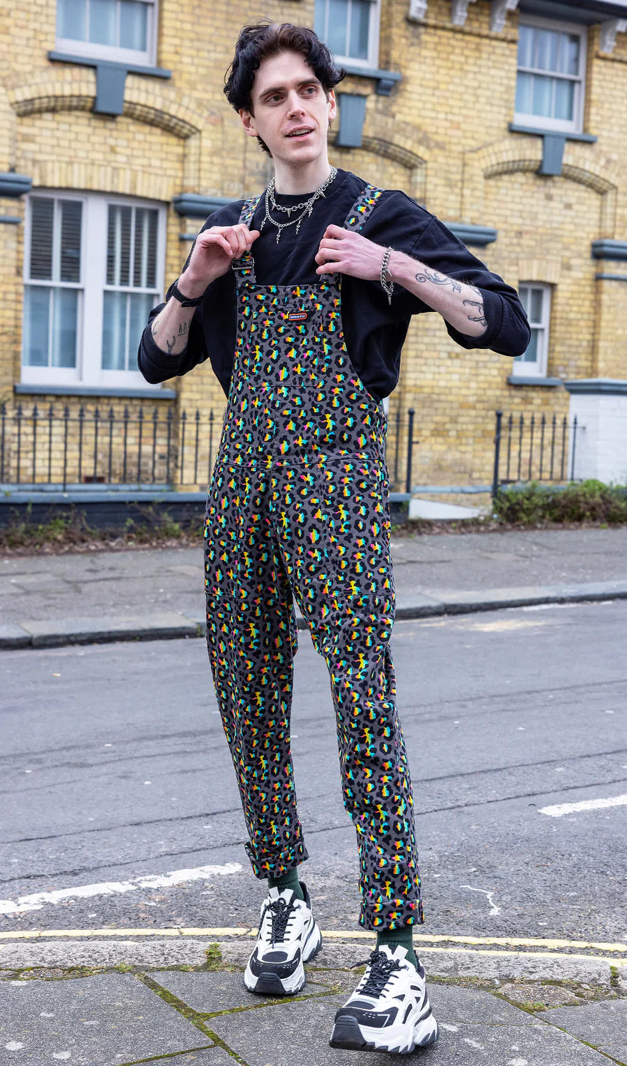 Run & Fly - Grey Rainbow Leopard Stretch Twill Dungarees