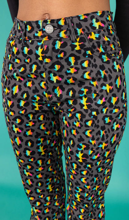 Run & Fly - Grey Rainbow Leopard Print Bell Bottom Flares