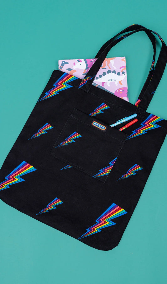 Run & Fly - Black Rainbow Lightning Tote Bag