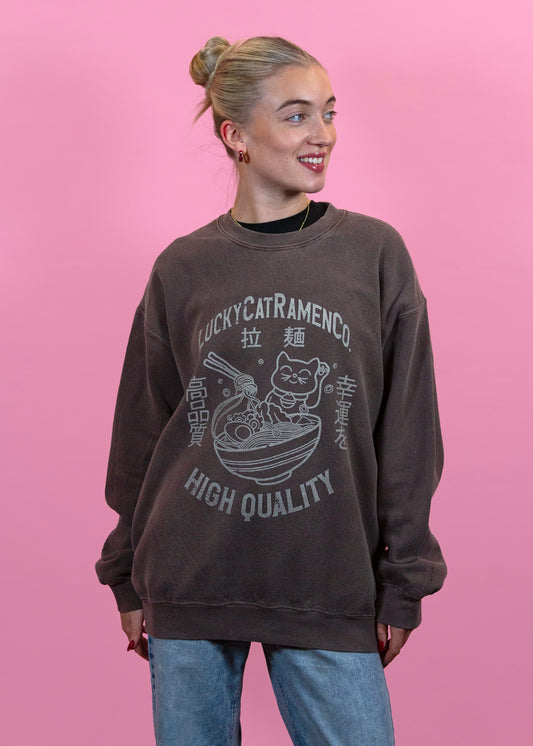 Daisy Street - Washed Brown Lucky Cat Ramen Noodles Sweater