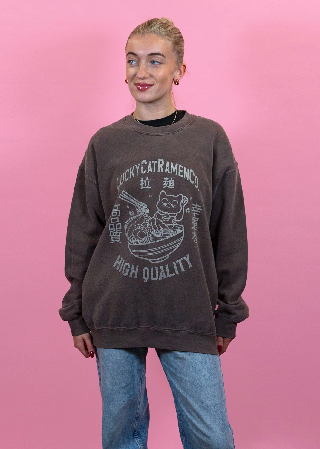 Daisy Street - Washed Brown Lucky Cat Ramen Noodles Sweater