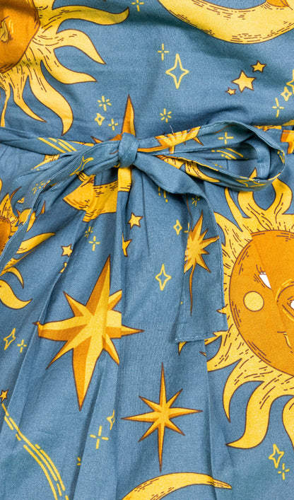 Run & Fly - Celestial Sun and Moon Stretch Belted Tea Dress with Pockets