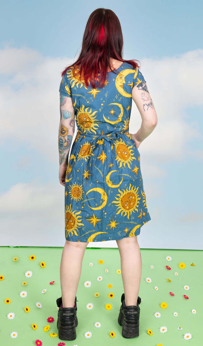 Run & Fly - Celestial Sun and Moon Stretch Belted Tea Dress with Pockets