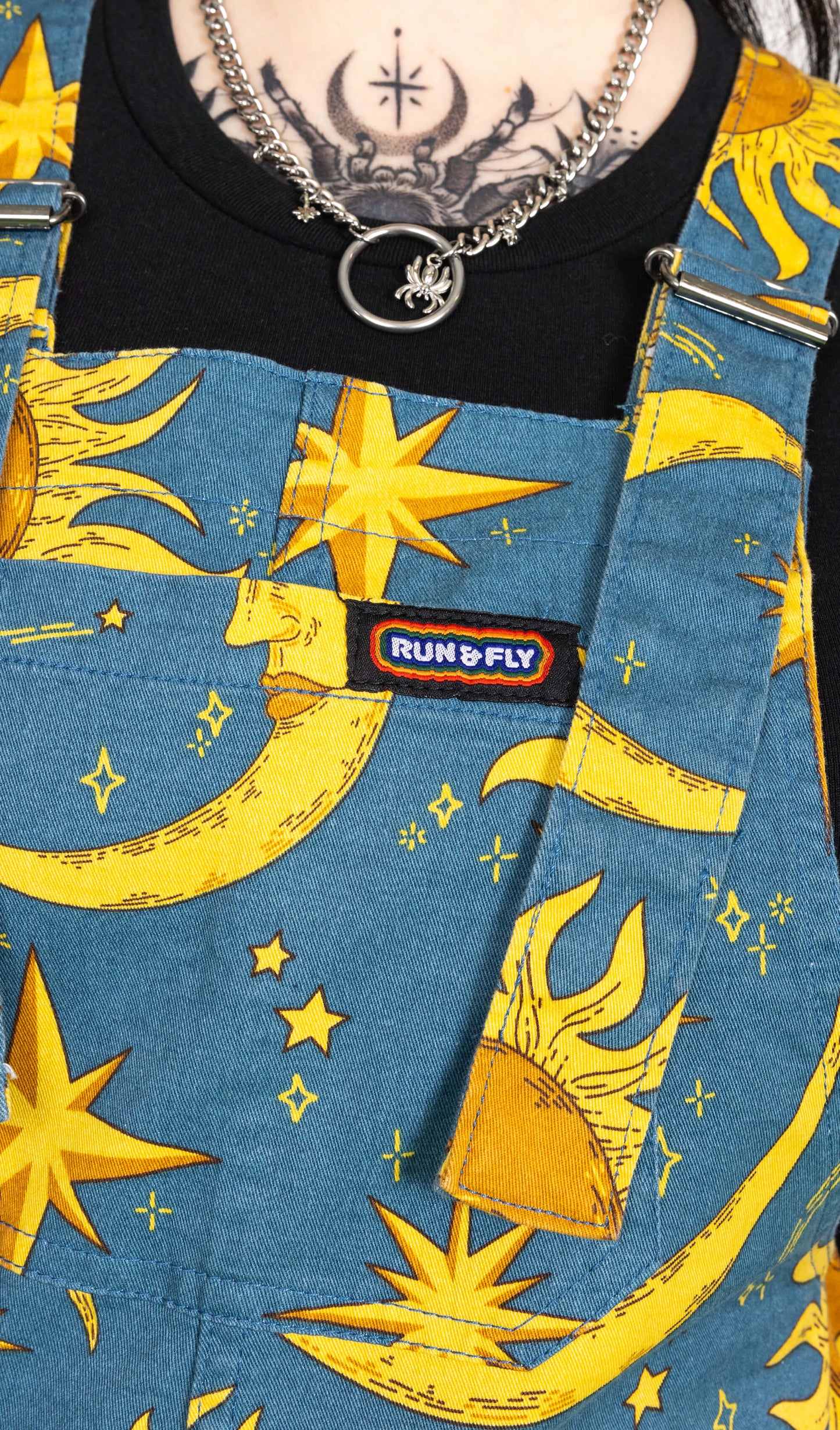 Run & Fly - Celestial Sun and Moon Stretch Twill Dungarees