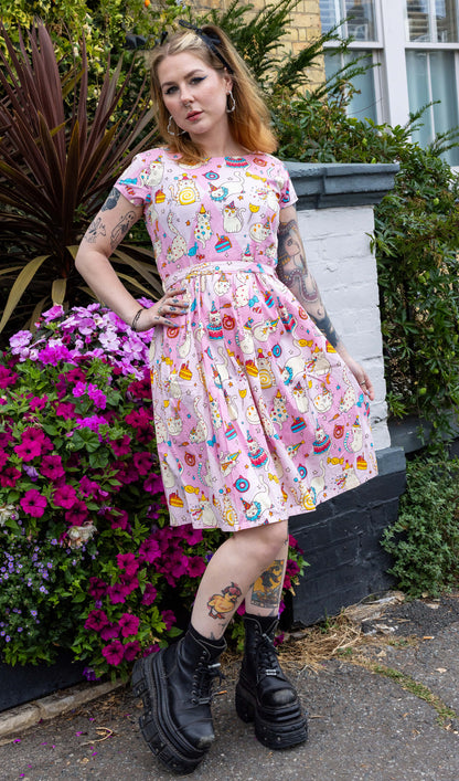 Run & Fly x The Mushroom Babes Party Cats Stretch Belted Tea Dress with Pockets