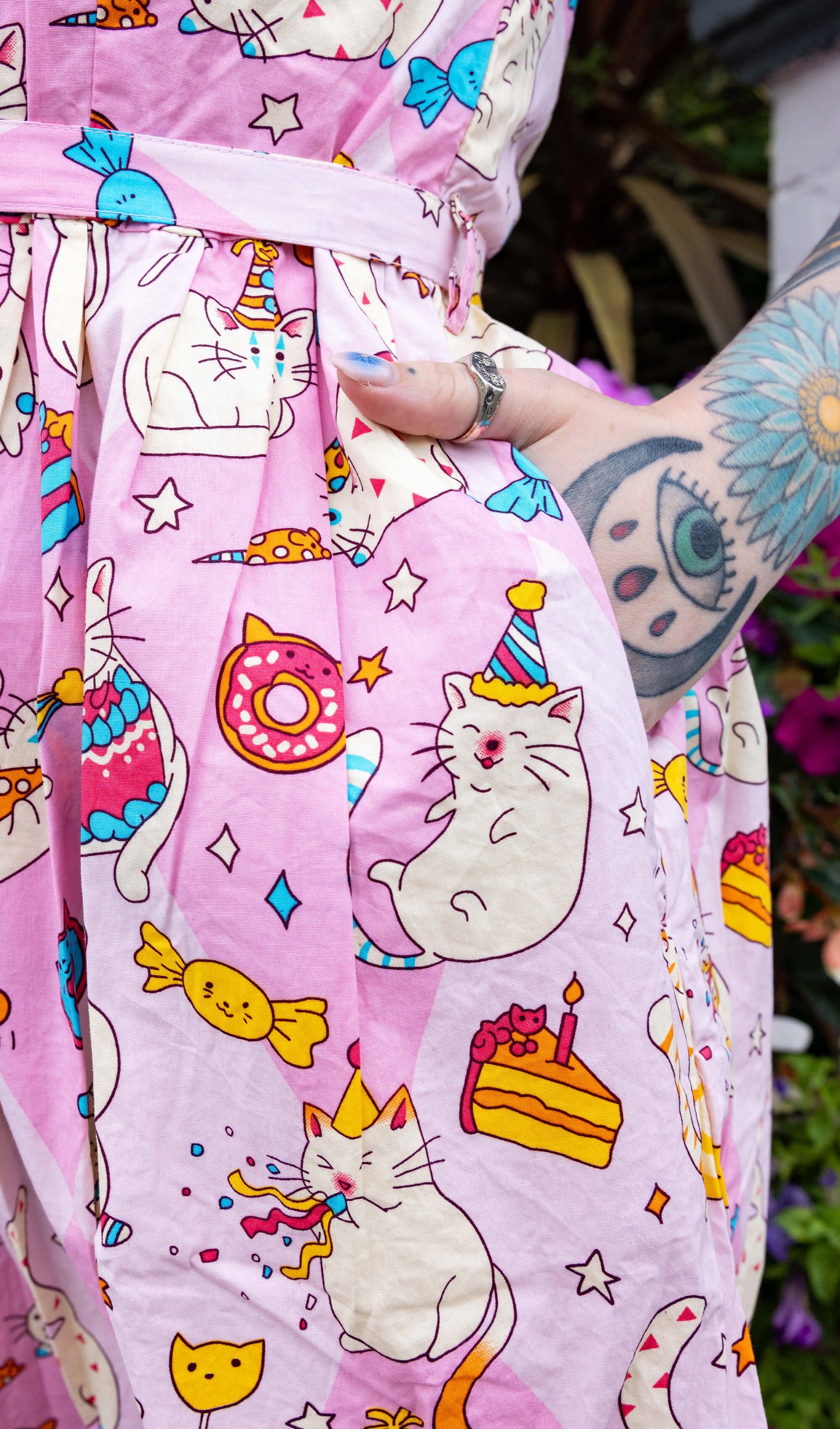 Run & Fly x The Mushroom Babes Party Cats Stretch Belted Tea Dress with Pockets