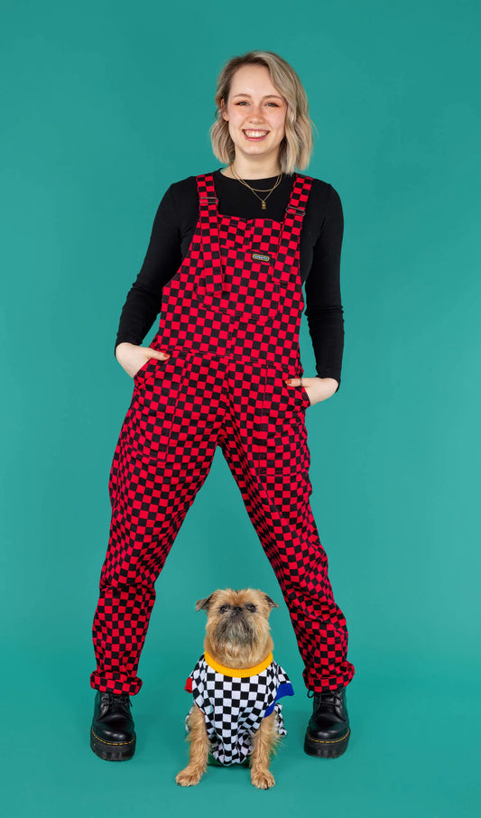 Run & Fly - Black & Viva Magenta Checkerboard Stretch Twill Dungarees