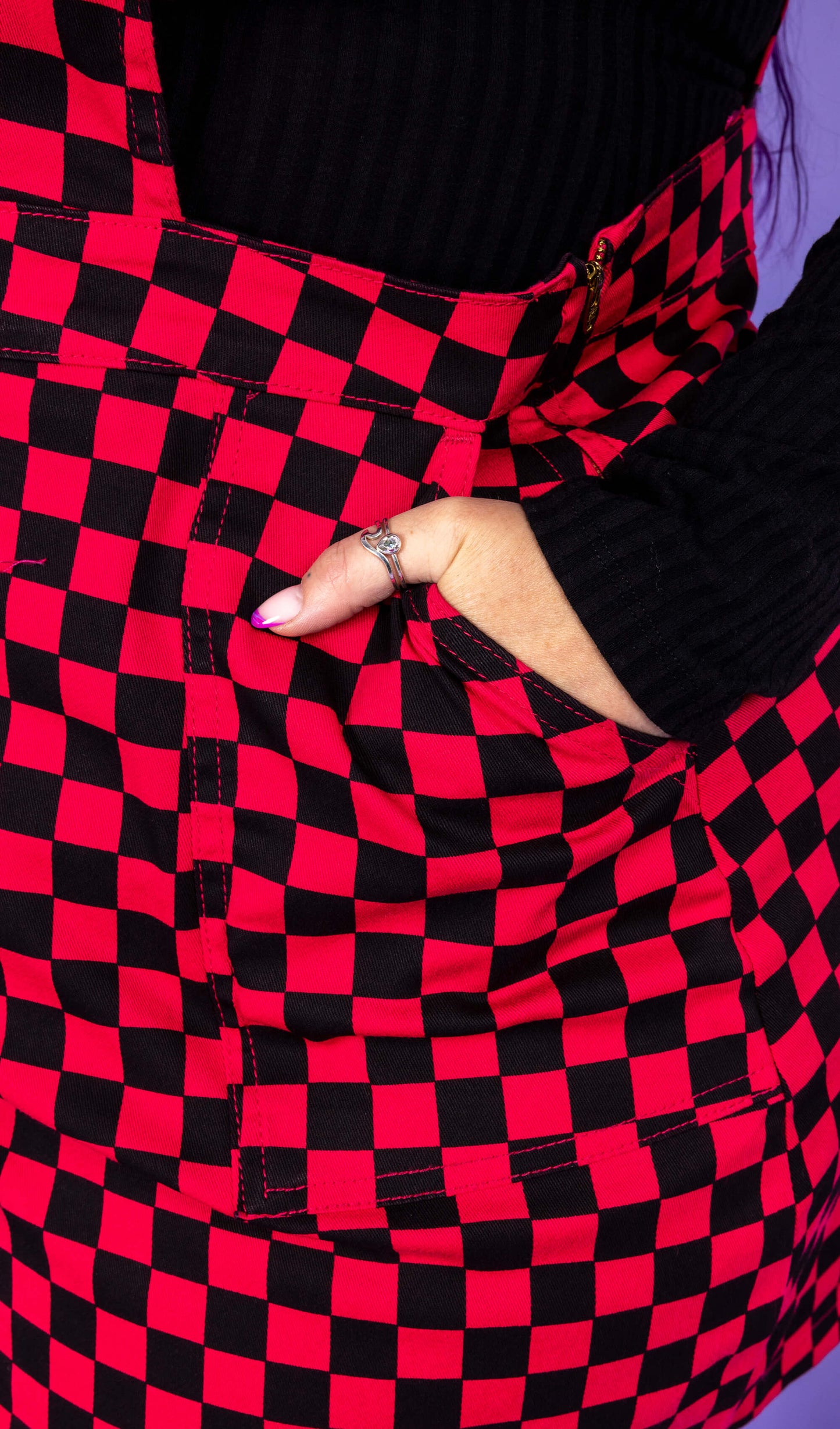 Run & Fly - Black & Viva Magenta Checkerboard Stretch Twill Pinafore Dress