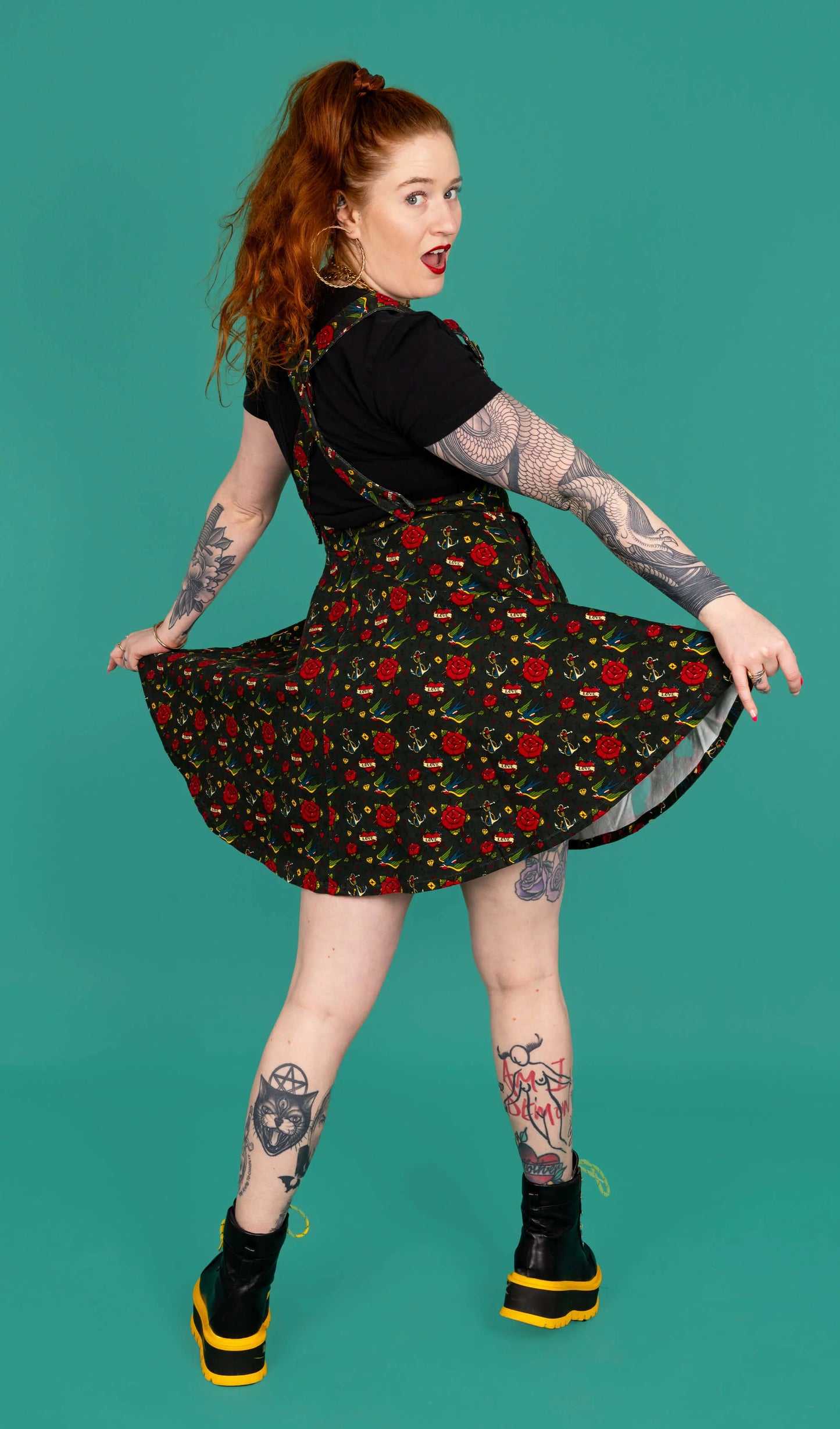 Run & Fly - Retro Old School Tattoo Flared Pinafore Dress