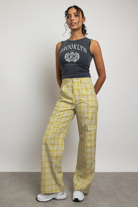 Daisy Street - Yellow Checked Wide Leg Cargo Trousers