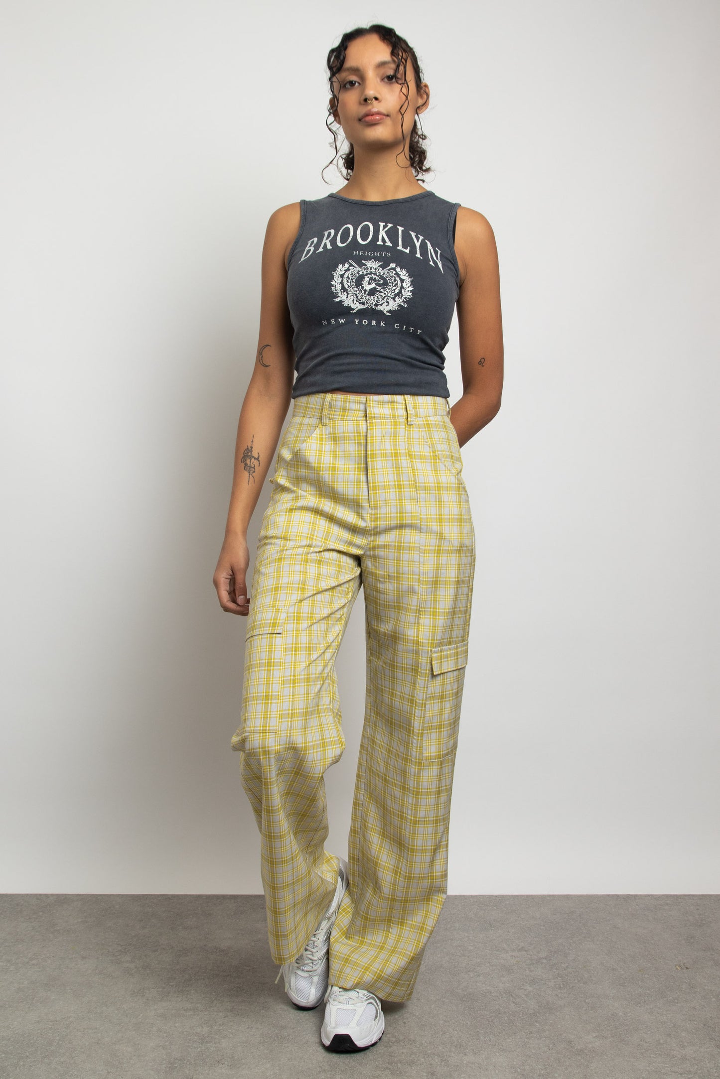 Daisy Street - Yellow Checked Wide Leg Cargo Trousers