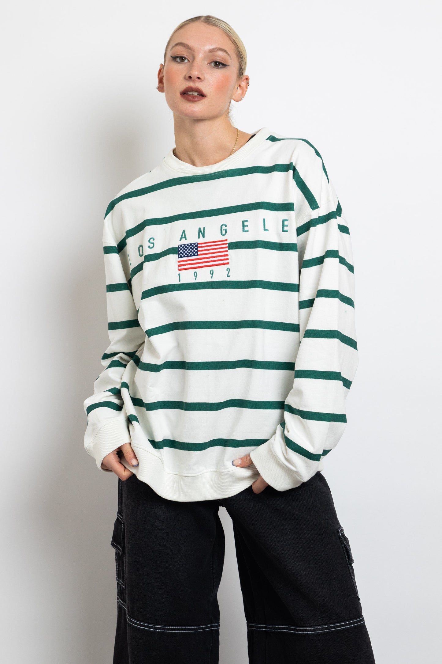 Daisy Street - White And Green Striped LA Sweater