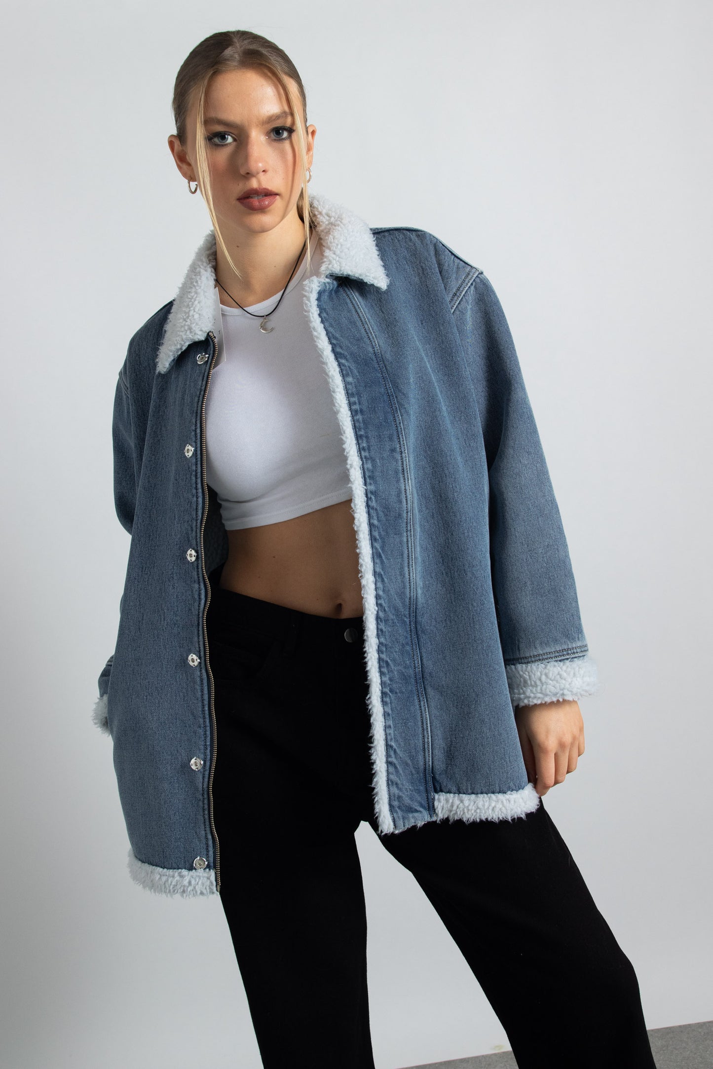 Daisy Street - Oversized Fur Trim Denim Jacket