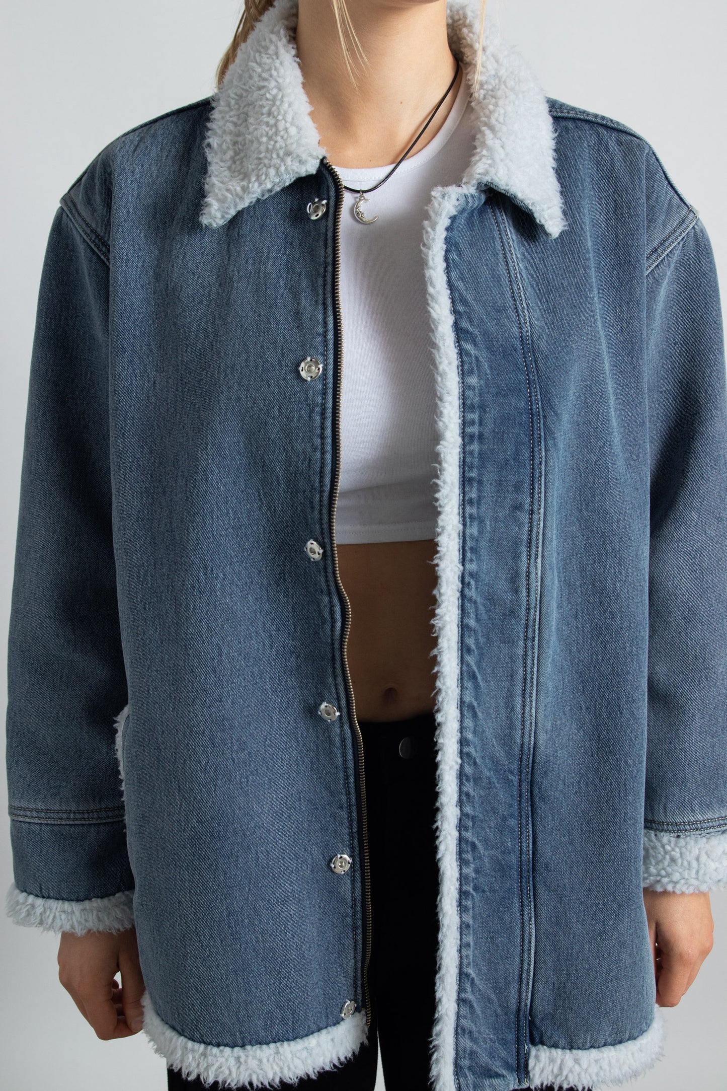 Daisy Street - Oversized Fur Trim Denim Jacket