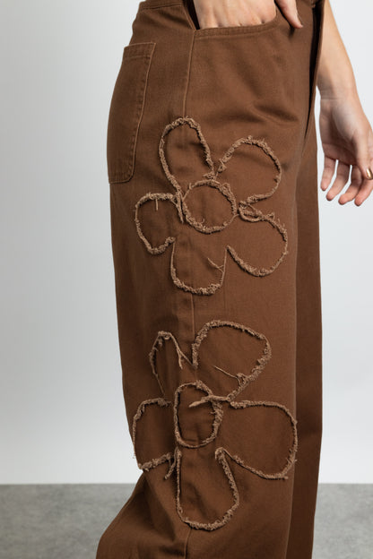 Daisy Street - Brown Twill Frayed Flower Trousers