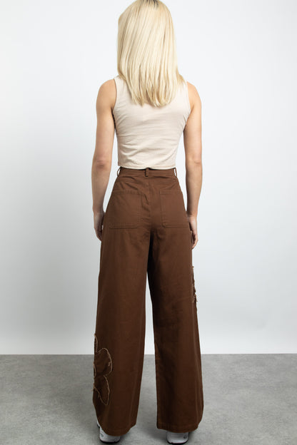 Daisy Street - Brown Twill Frayed Flower Trousers
