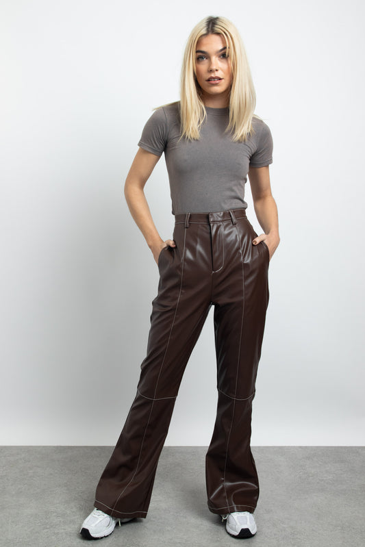 Daisy Street - Brown PU Trousers with Contrast Stitching